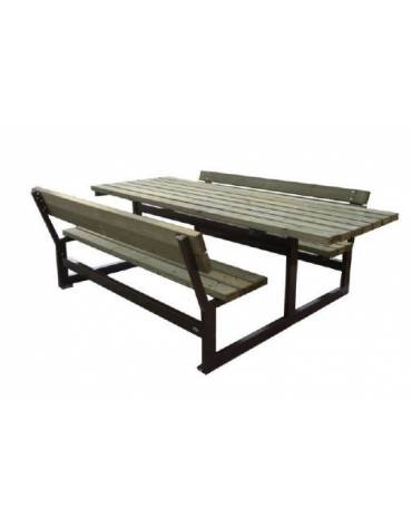 Set composto da tavolo accessibile per carrozzina + 2 panchine con schienale, in acciaio e legno di pino - cm 245x196,8x88,4h