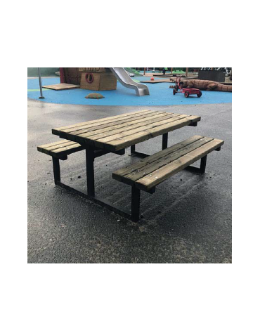 Set composto da tavolo accessibile per carrozzina + 2 panchine senza schienale, in acciaio e legno di pino - cm 245x84h