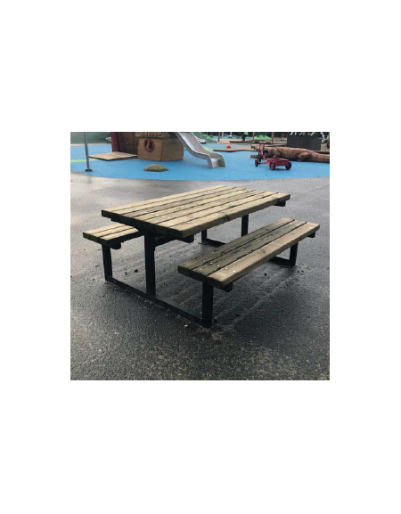 Set composto da tavolo accessibile per carrozzina + 2 panchine senza schienale, in acciaio e legno di pino - cm 245x196,8x88,4h