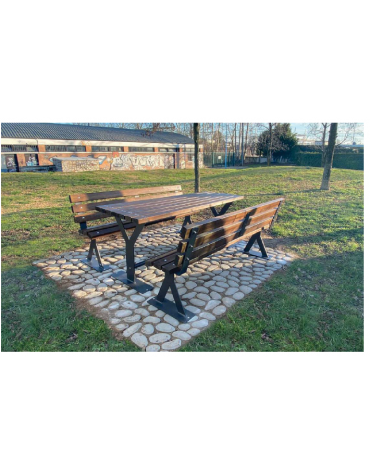 Set composta da tavolo + 2 panchine con schienale in legno di pregio, struttura in acciaio verniciato - cm 200x86h