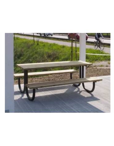 Set composto da tavolo + 2 panchine senza schienale, struttura unica in acciaio con legno di pregio - cm 200x80h