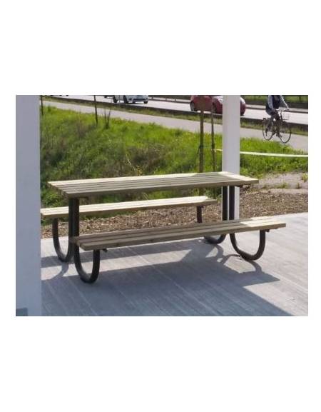 Set composto da tavolo + 2 panchine senza schienale, struttura unica in acciaio con legno di pregio - cm 200x180x80h