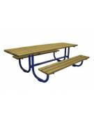Set inclusivo composto da tavolo + 2 panchine senza schienale, struttura unica in acciaio con legno di pino - cm 245x180x80h