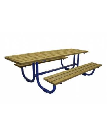 Set inclusivo composto da tavolo + 2 panchine senza schienale, struttura unica in acciaio con legno di pino - cm 245x180x80h