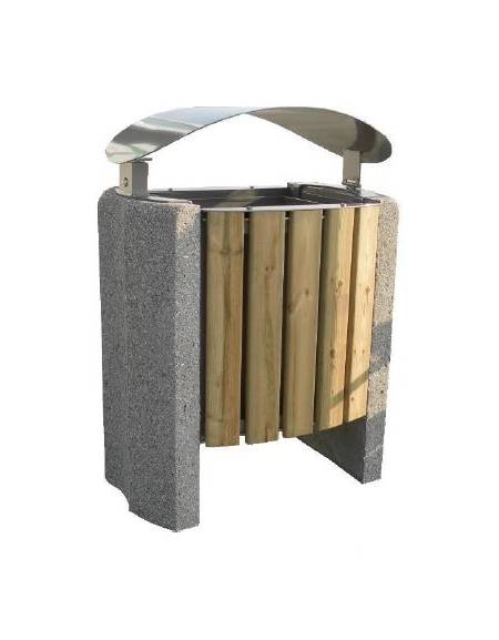 Cestino portarifiuti con coperchio , doghe in legno di pregio e fianchi in cemento - cm 73x53,7x97,2h