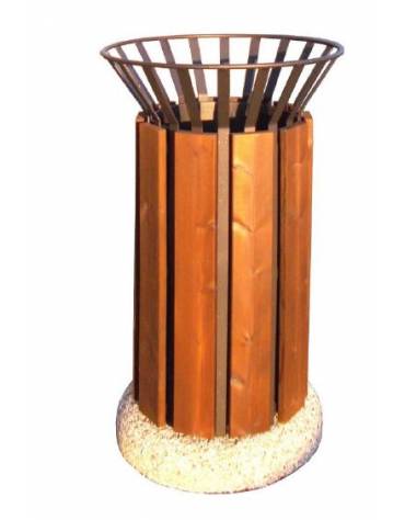 Cestino portarifiuti forma cilindrica acciaio zincato e verniciato, doghe in legno di pregio, base in ferro - cm Ø57x89,6h