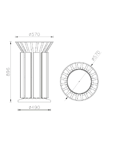 Cestino portarifiuti forma cilindrica acciaio zincato e verniciato, doghe in legno di pregio, base in ferro - cm Ø57x89,6h