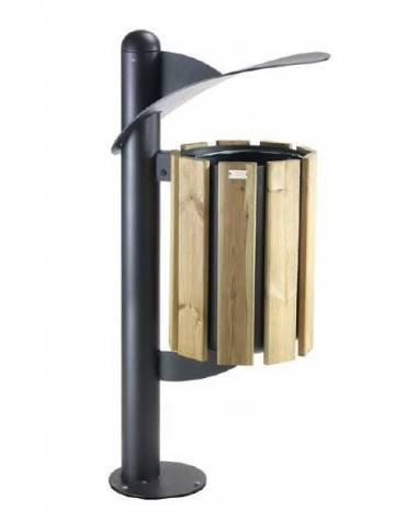 Cestino portarifiuti a forma cilindrica con doghe in legno di pregio e coperchio, da inghisare - cm 39x53,2x137,5h
