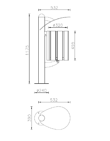 Cestino portarifiuti a forma cilindrica con doghe in legno di pregio e coperchio, da tassellare - cm 39x53,2x117,5h