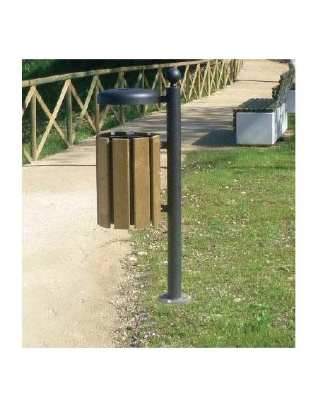 Cestino portarifiuti a forma cilindrica,paletto da inghisare, doghe in legno di pregio e coperchio spegnisigarette cm Ø35x161,7h