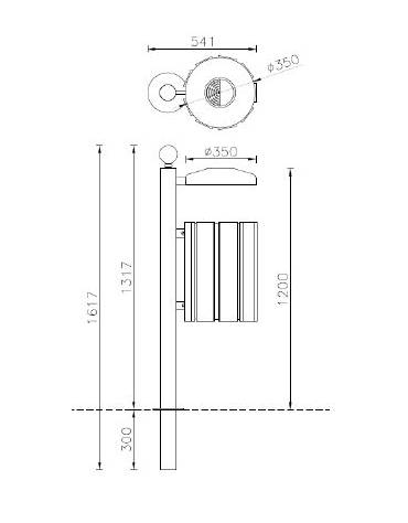 Cestino portarifiuti a forma cilindrica,paletto da inghisare, doghe in legno di pregio e coperchio spegnisigarette cm Ø35x161,7h