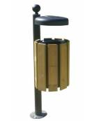 Cestino portarifiuti a forma cilindrica, da tassellare - doghe in legno di pregio e coperchio con spegnisigarette - cm 35x131,7h