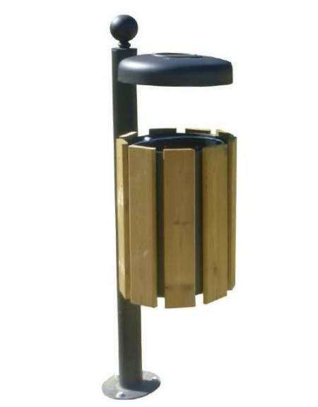 Cestino portarifiuti a forma cilindrica, da tassellare - doghe in legno di pregio e coperchio con spegnisigarette - cm 35x131,7h