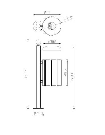 Cestino portarifiuti a forma cilindrica, da tassellare - doghe in legno di pregio e coperchio con spegnisigarette - cm 35x131,7h
