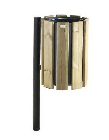 Cestino portarifiuti con paletto da tassellare, in acciaio zincato e verniciato, con doghe in legno di pregio- cm 46,2x37,1x100h