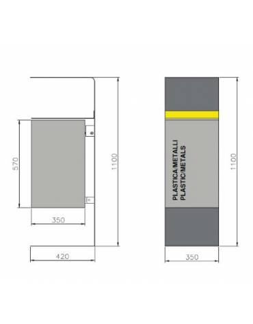 Cestini per la raccolta differenziata a forma rettangolare a 2 settori in acciaio zincato e verniciato- cm 35x42x110h