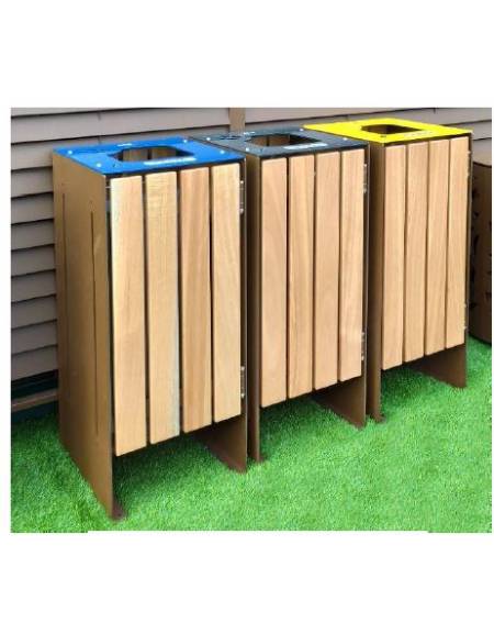 Cestone per la raccolta differenziata a 4 settori in acciaio con doghe in legno di pregio- cm 45x45x100h cad.