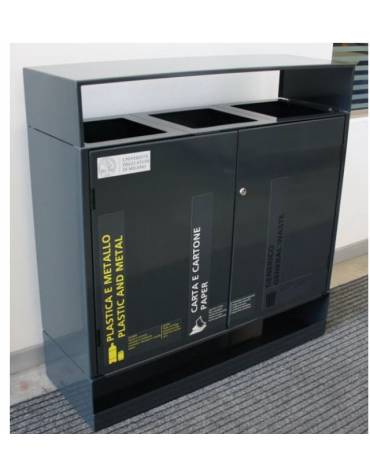 Cestino per raccolta differenziata a 3 settori da Lt 30x3 , in acciaio zincato e verniciato, con copertura - cm 92x31x97,3h