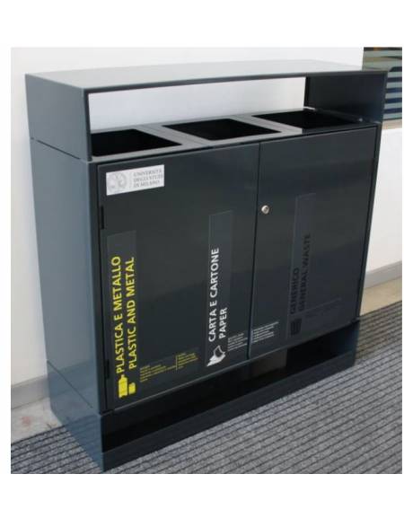 Cestino per raccolta differenziata a 3 settori da Lt 30x3 , in acciaio zincato e verniciato, con copertura - cm 92x31x97,3h