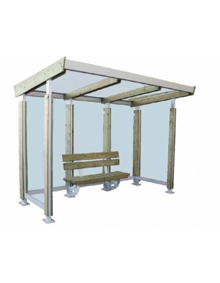 Pensilina attesa autobus, struttura acciaio e rivestimento in legno, parete fondo vetro e copertura policarbonato - cm L300