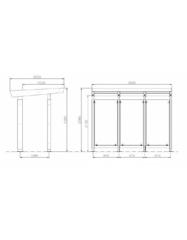 Pensilina attesa autobus, struttura in acciaio e rivestimento in legno, pareti vetro e copertura poliarbonato - cm 300x203x238h