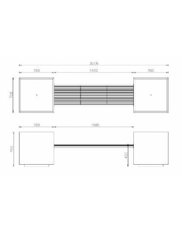 Panchina con fioriere laterali e seduta in legno di pino, realizzata in acciaio zincato e verniciato - cm 300x70x70h