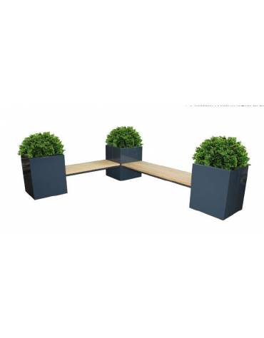 Panchina angolare con 3 fioriere da cm 60x60 e 2 sedute da cm 180 in legno di pregio, struttura acciaio zincato e verniciato