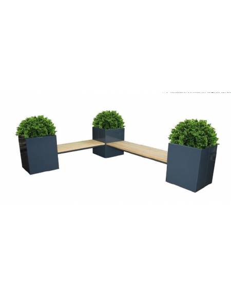 Panchina angolare con 3 fioriere da cm 60x60 e 2 sedute da cm 120 in legno di pregio, struttura acciaio zincato e verniciato