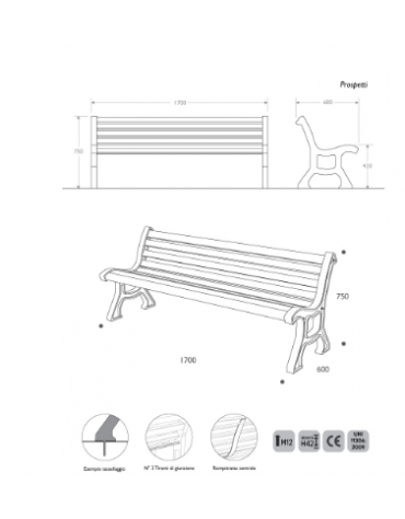 Panchina con doghe in listoni in legno pino e struttura in ghisa cm 170x60x75h