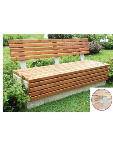 Panchina monoblocco in cemento, seduta e schienale con doghe in legno di pregio - con braccioli - cm 180x69,4x97h