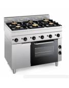 Cucina a gas 6 fuochi su forno ventilato monofase GN1/1, camera cm 46x41,5x32h, 1 griglia e 1 teglia - cm 105x65x85h