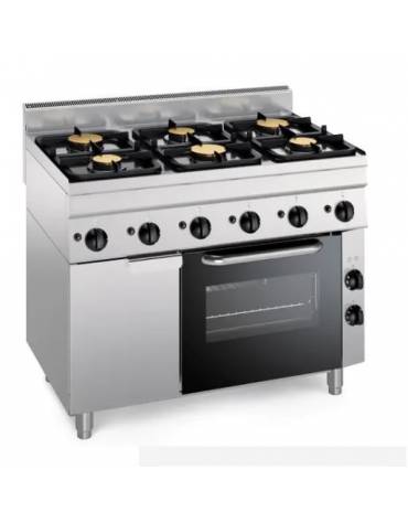 Cucina a gas 6 fuochi su forno ventilato monofase GN1/1, camera cm 46x41,5x32h, 1 griglia e 1 teglia - cm 105x65x85h