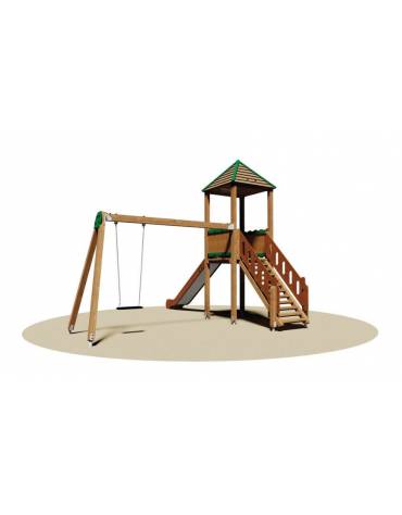 Torretta gioco in legno con tetto , altalena con sedile a gabbia, scivolo vetroresina e scala di risalita - cm 455x535x395h