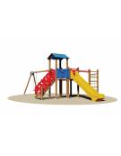 Villaggio a 2 torrette, 1 arrampicata, 1 altalena sedile a gabbia - scivolo polietilene - cm 712x517x315h