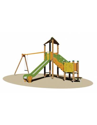 Villaggio gioco 2 torrette (1con tetto) , altalena con sedile gabbia, scivolo polietilene, panchetta e scala di risalita 