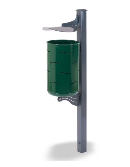 Cestino portarifiuti per esterno in acciaio con coperchio - palo grigio RAL 7001 cestino verde RAL 6005 - Filo pavimento