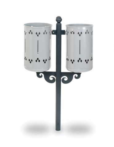 Cestino portarifiuti doppio in acciaio e ghisa - RAL 7011 / 9006 -  Da interrare - cm 75x52x110h