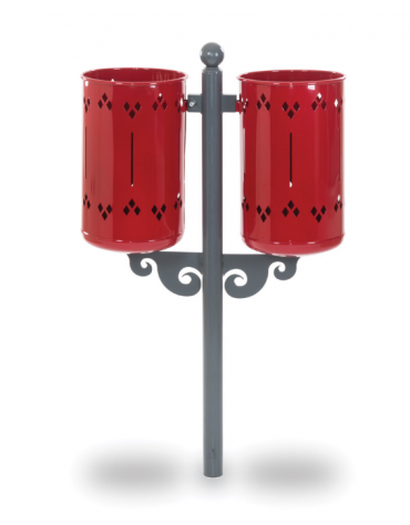 Cestino portarifiuti doppio in acciaio e ghisa - RAL 7011 / 3003 -  Da interrare - cm 75x52x110h