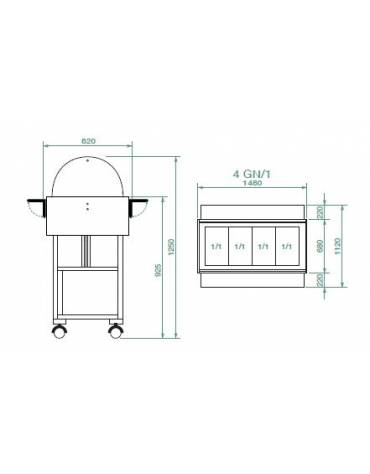 Carrello caldo bagnomaria in legno con cupola, Temp. +30 / +90°C - 4xGN1/1 - colore Noce - cm 148x112x125h