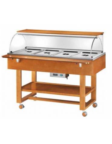 Carrello caldo bagnomaria in legno,cupola con mensola, Temp. +30 / +90°C - 4xGN1/1 - colore Noce - cm 148x90x126h