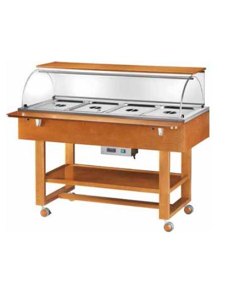 Carrello caldo bagnomaria in legno,cupola con mensola, Temp. +30 / +90°C - 4xGN1/1 - colore Noce - cm 148x90x126h