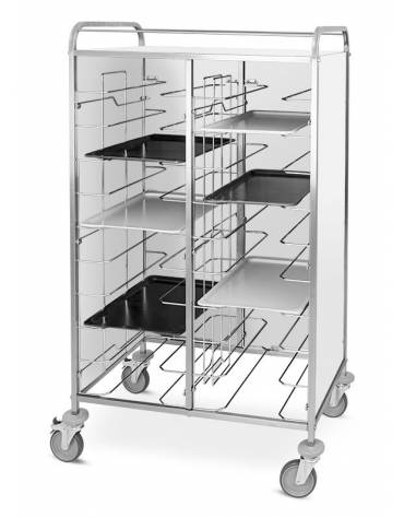 Carrello portavassoi universali con pannelli su 3 lati in lamiera elettrozincata bianca - Portata 12 vassoi - cm 52x60x183h