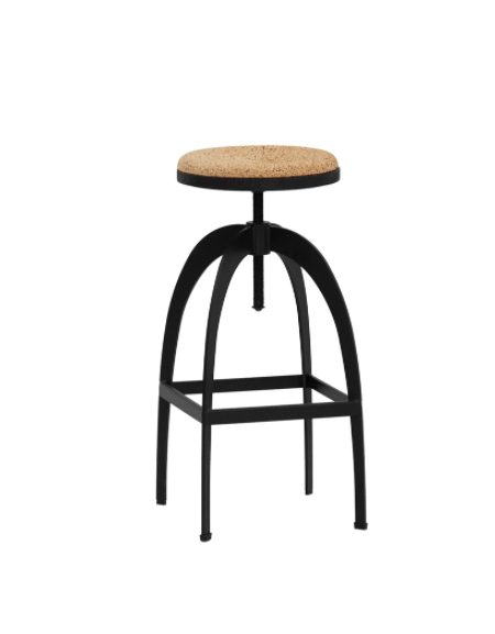 Sgabello per interni, in metallo verniciato, seduta regolabile in legno e sughero - cm 33x33x69/89h
