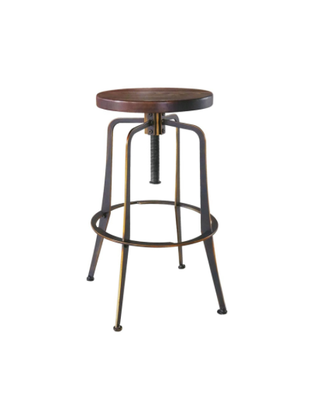 Sgabello per interni, in metallo verniciato, effetto anticato, seduta regolabile in legno - cm 33x33x65/78h