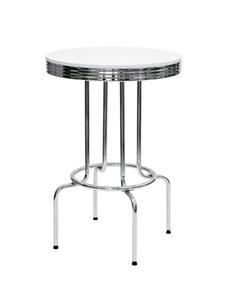 Tavolo tondo per interni, struttura in metallo cromato,, piano in poliestere - cm Ø 76x106h Tavolo tondo per interni, struttura in metallo cromato,, piano in poliestere - cm Ø 76x106h