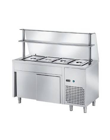 TAVOLO FREDDO SELF SERVICE CON VASCA REFRIGERATA N° 3 GN 1/1 - VANO INFERIORE CHIUSO NEUTRO E VETRO CON MENSOLA  CM. 120X70X145H
