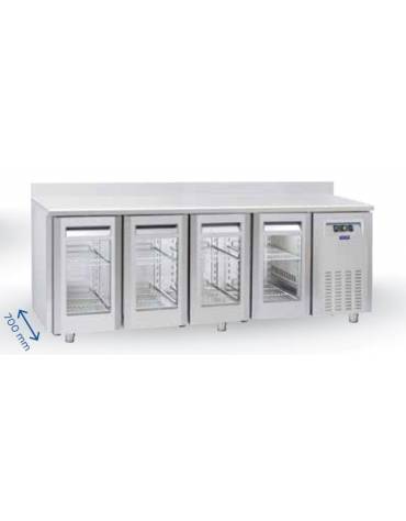 Tavolo refrigerato 4 porte a vetri con alzatina, in acciaio inox AISi 304, refrigerazione ventilata - cm 223x70x96h