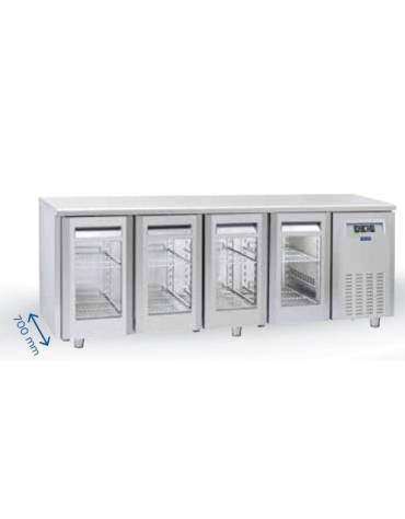 Tavolo refrigerato 4 porte a vetri, in acciaio inox AISi 304, refrigerazione ventilata - cm 223x70x86h