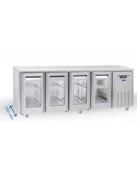 Tavolo refrigerato 4 porte a vetro in acciaio inox, refrigerazione ventilata +3°/+10°C - Classe C - cm 225x72,5x85h