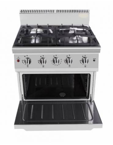 Cucina a gas 4 fuochi, forno elettrico  GN 2/1, fuochi aperti 4x8kw - cam. forno cm 57,5x65x30 - cm 80x90x90h